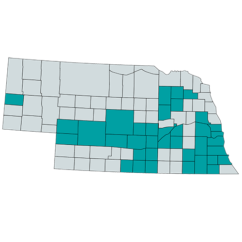 Nebraska map of covered counties, County information following image